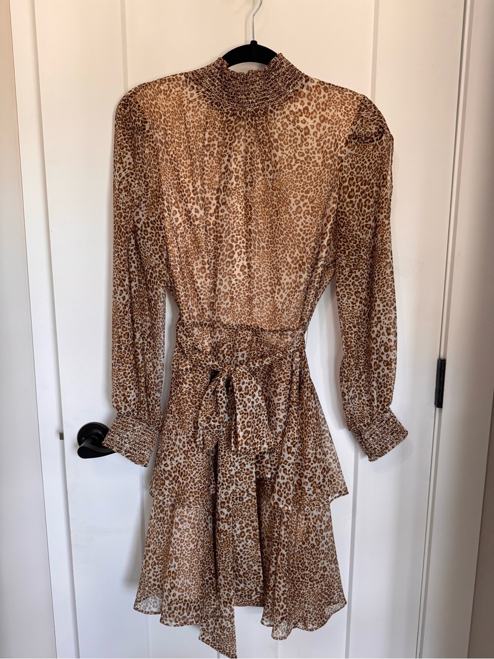 Alex Marie Leopard-Print Long-Sleeve Tiered Dress in Brown